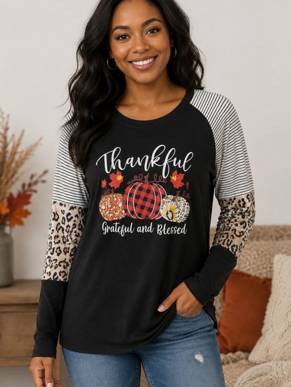 Thankful Grateful Blessed Graphic Long Sleeve Top Sz XL - NWOT